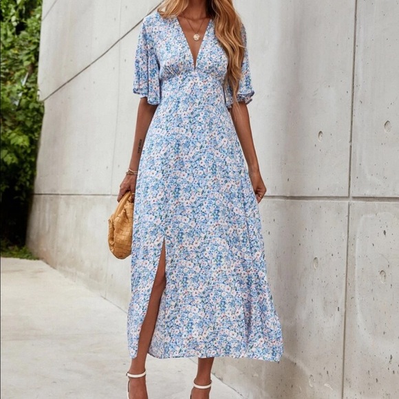 Boho floral butterfly sleeve split thigh dress - Picture 2 of 9